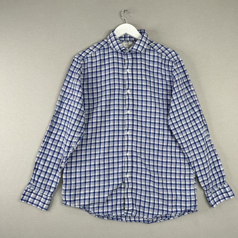 Buttoned Down Mens Shirt Large Blue Linen Blend Fitted Plaid Beachy Preppy